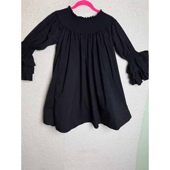 Blanc Studio Babydoll Dress Womens Black Smocked Tiered Ruffle Sleeve Mini - Picture 3 of 13
